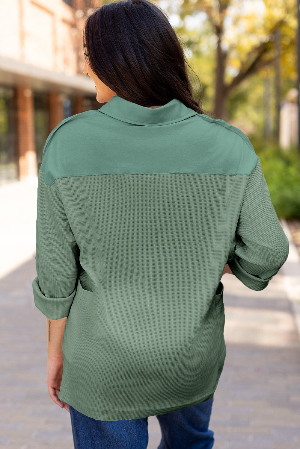 Smoke Green Waffle Long Sleeve Collar Half Button Loose Top eAura