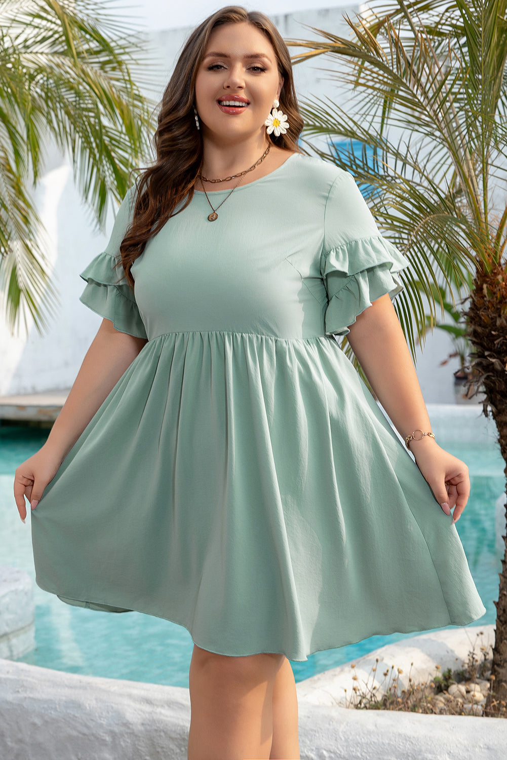 Grass Green Ruffle Trim Short Sleeve Plus Size Flared Mini Dress BB Fashion Outlet