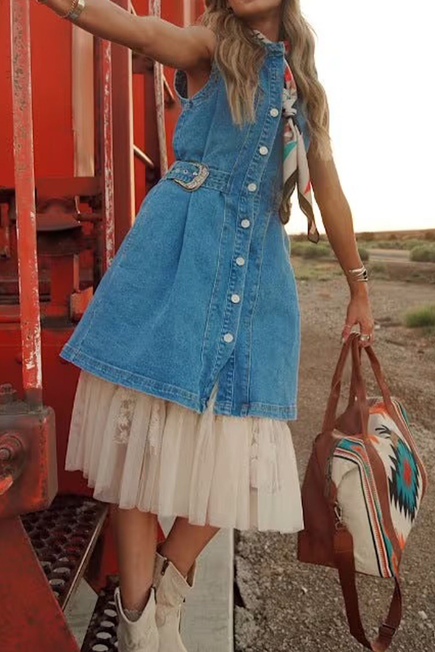 Western Belt Button Down Sleeveless Denim Short Dress