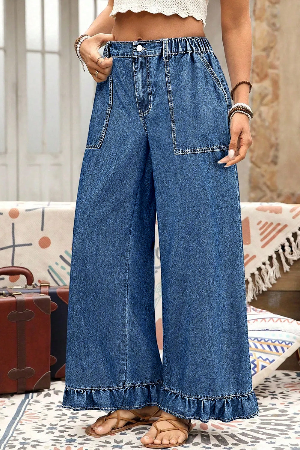 Blue Plus Size Elastic Waist Ruffled Wide Leg Denim Pants - Size/Plus Bottoms