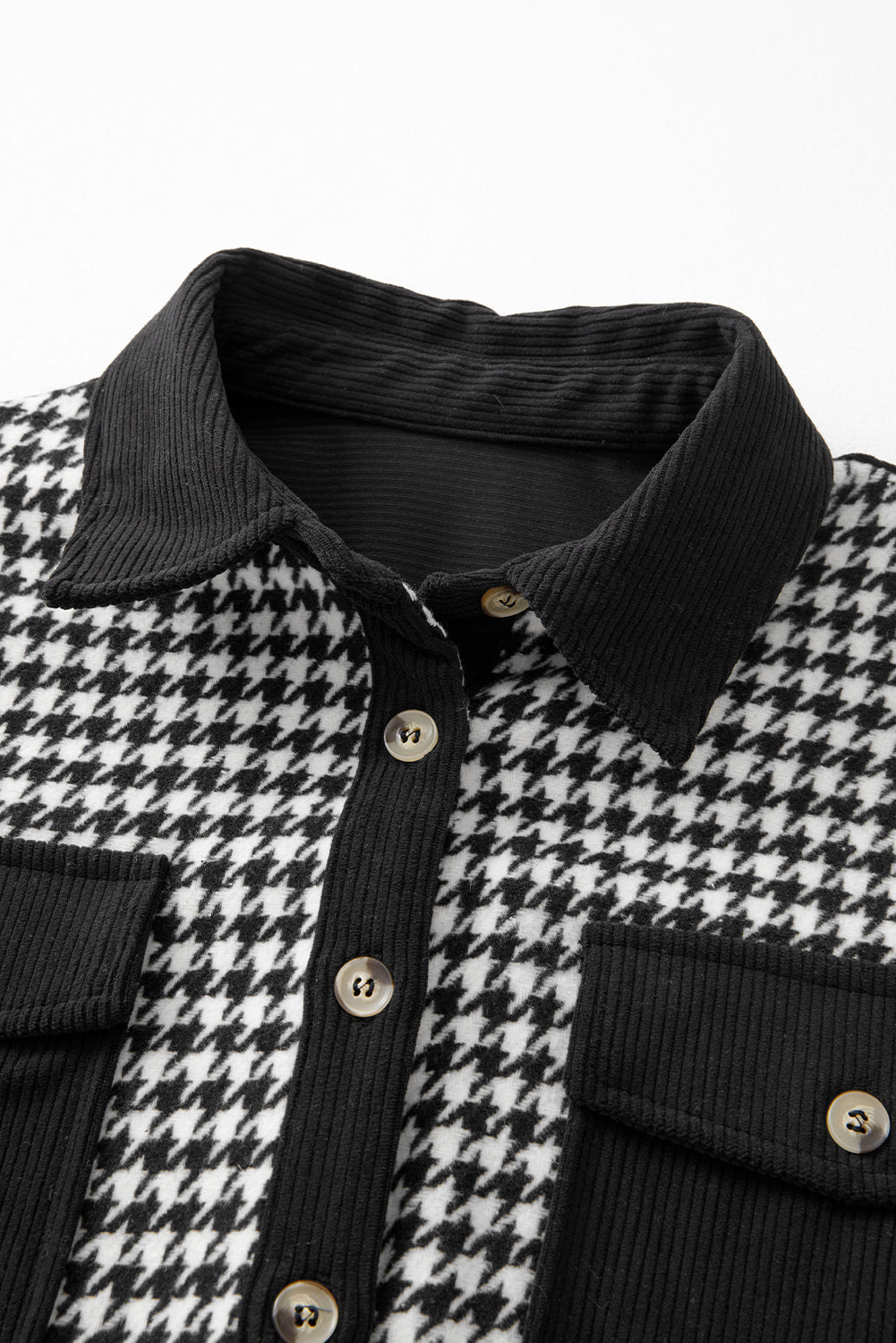 Black Houndstooth Corduroy Patchwork Flap Pocket Shacket eAura