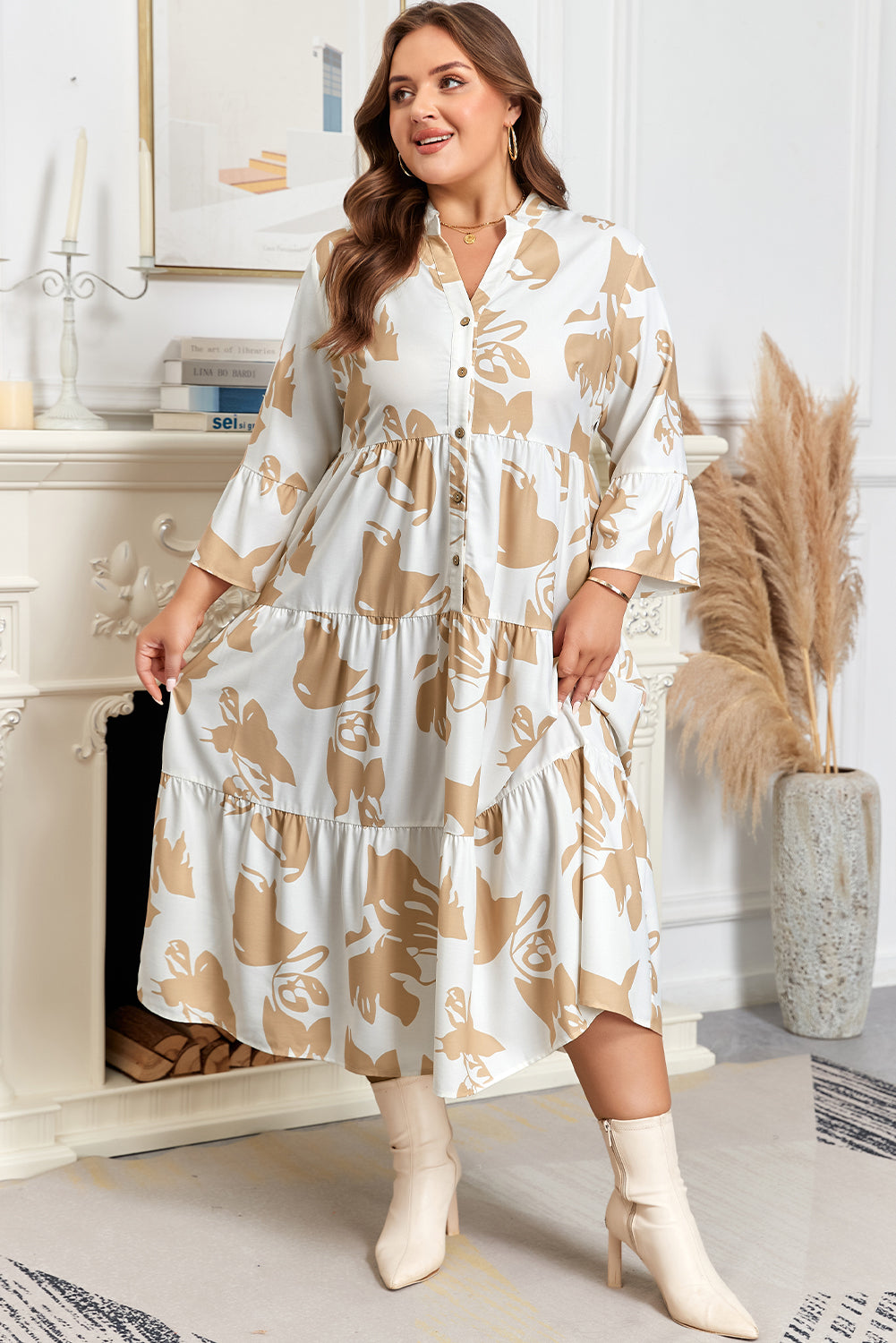 Ruffled Sleeve Half Placket Tiered A-line Plus Size Long Dress eAura