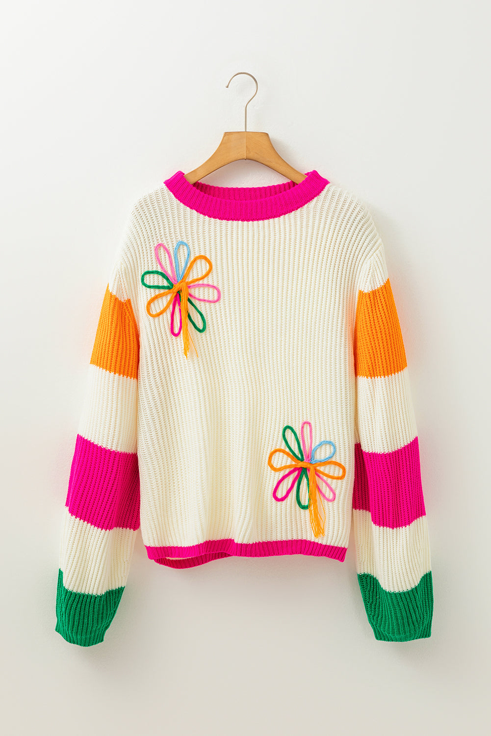 Beige Colourblock Flower Print Cable Knit Loose Sweater eAura