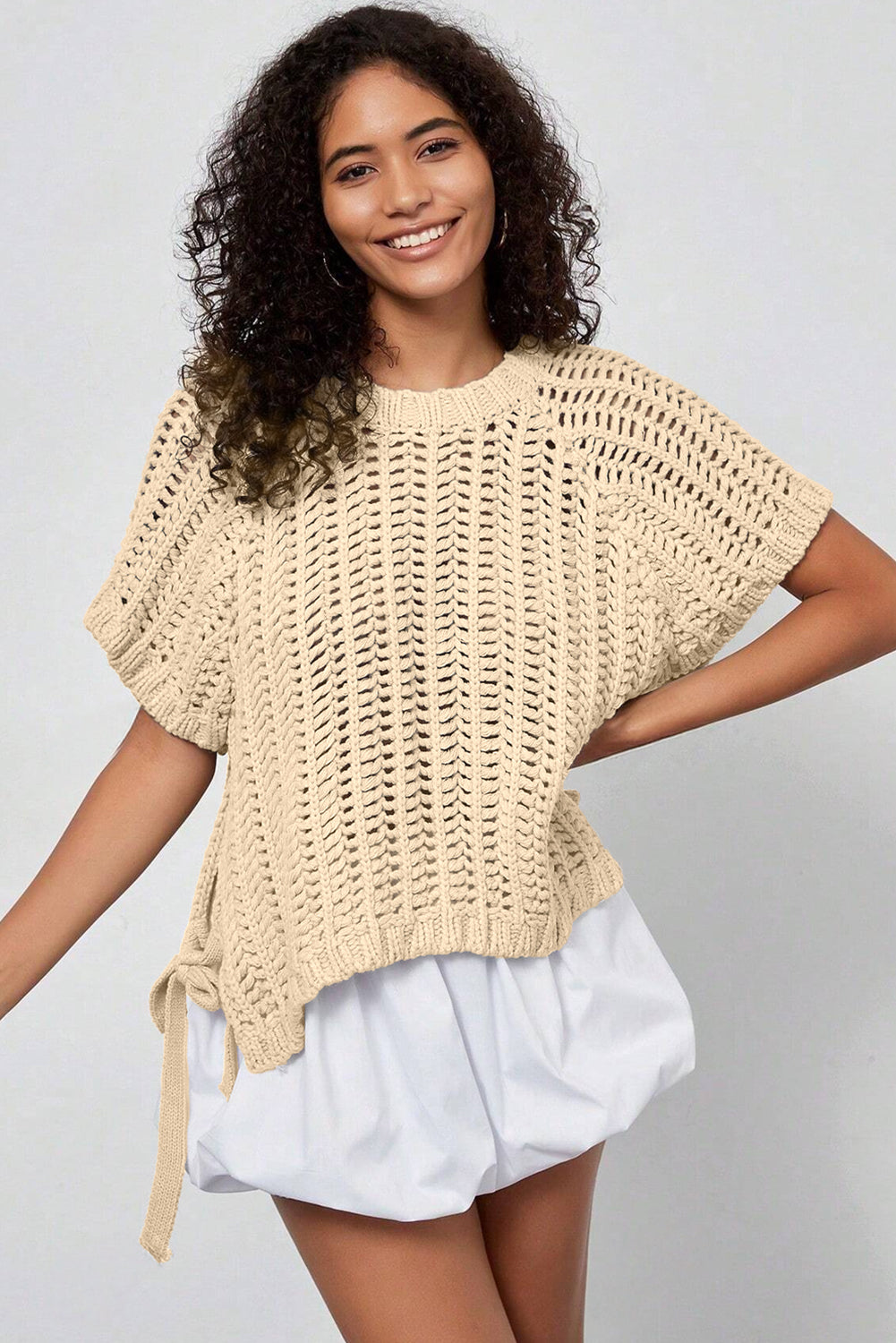 Plus Size Open Knit Bow Tie Short Sleeve Sweater - eAura