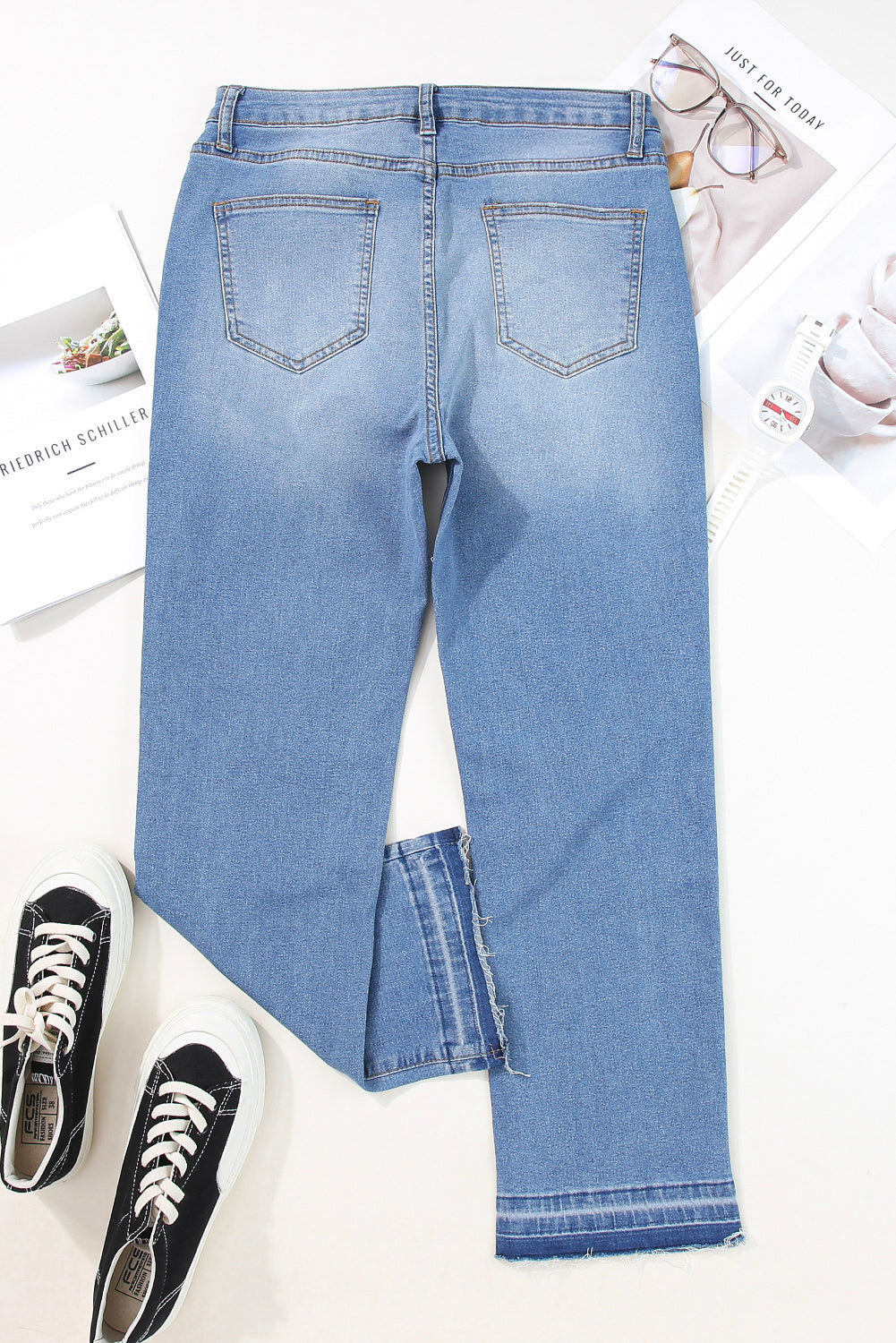 Sky Blue Whiskered Wash Raw Hem Cropped Jeans