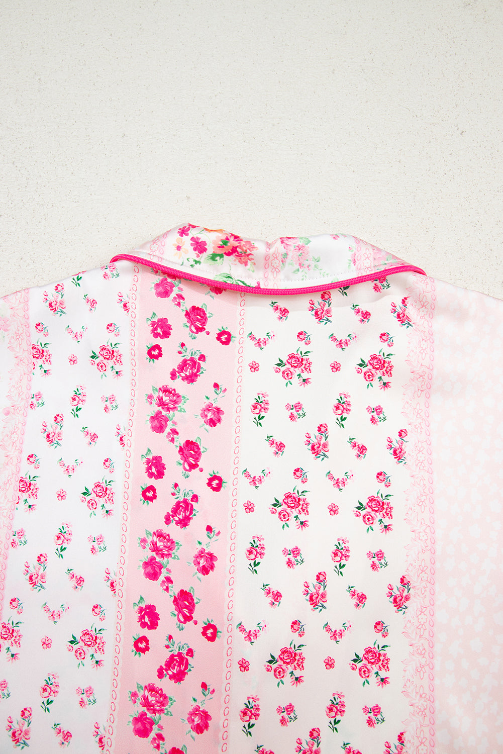 Pink Mixed Floral Print Contrast Piping Trim Satin Tie Pyjama Set - eAura