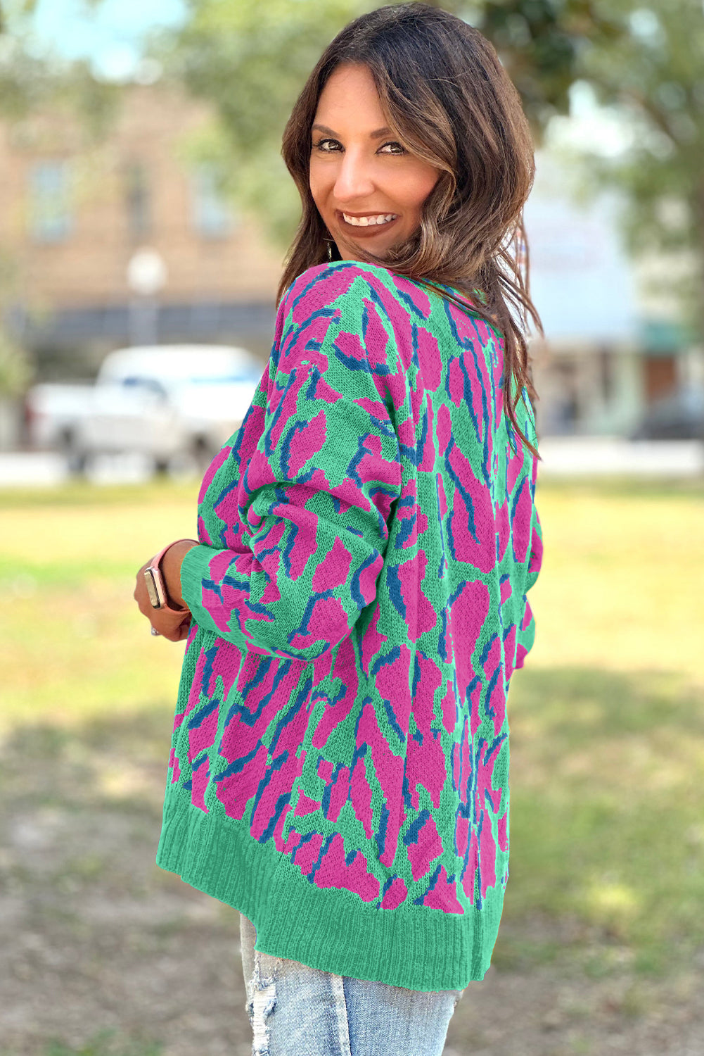 Green Abstract Print Ribbed Trim Baggy Sweater eAura