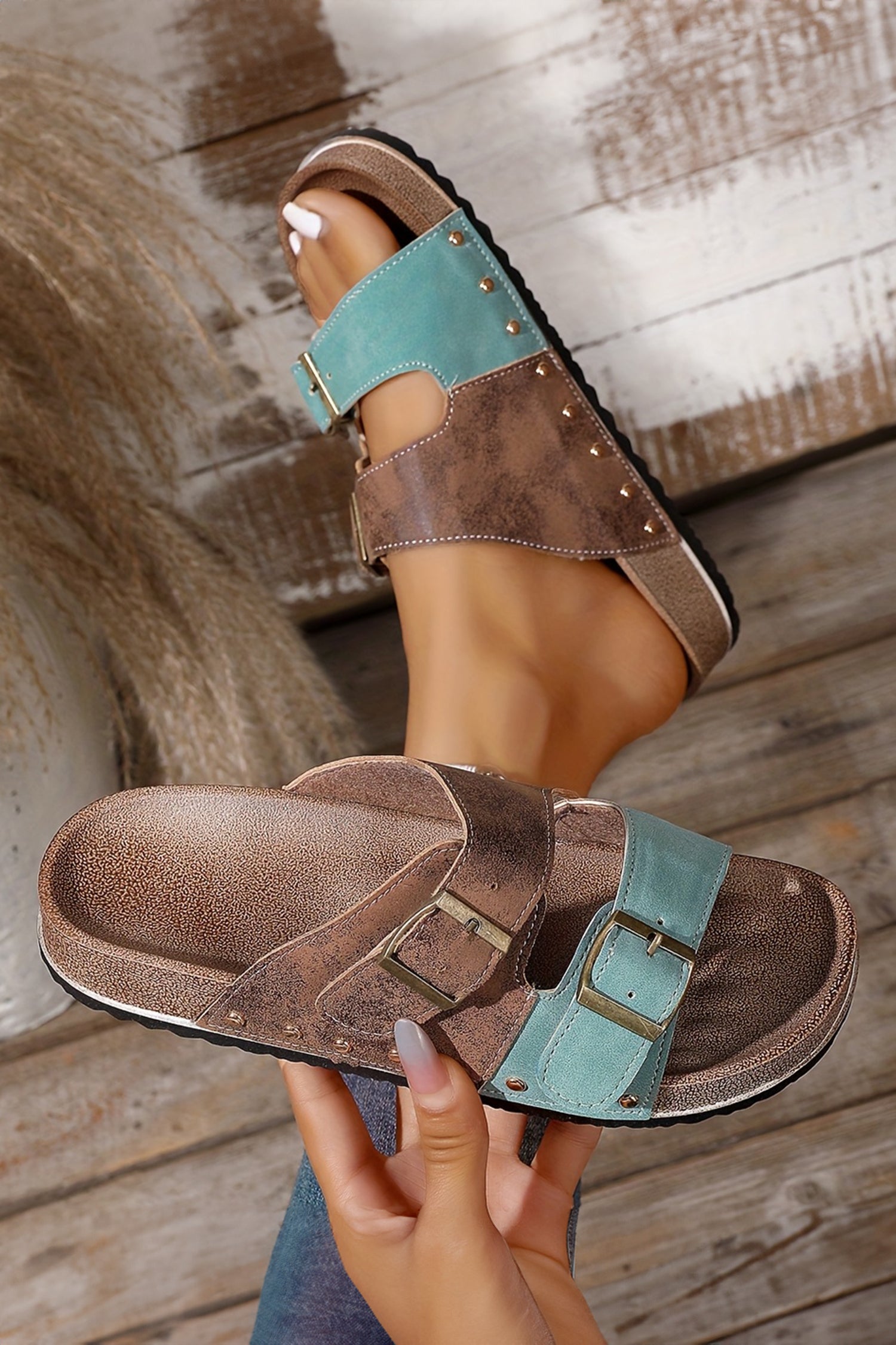 Leopard Two-tone Retro Buckle Straps Hollowed Faux Suede Sandals