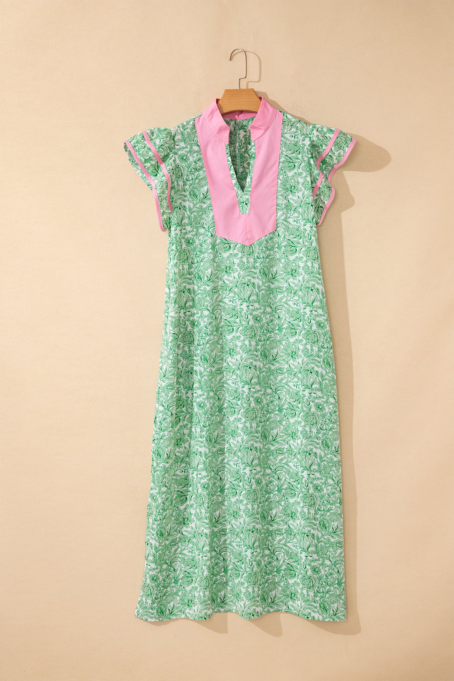 Floral Print Colour Block Patchwork V-Neck Short Sleeve Midi Dress