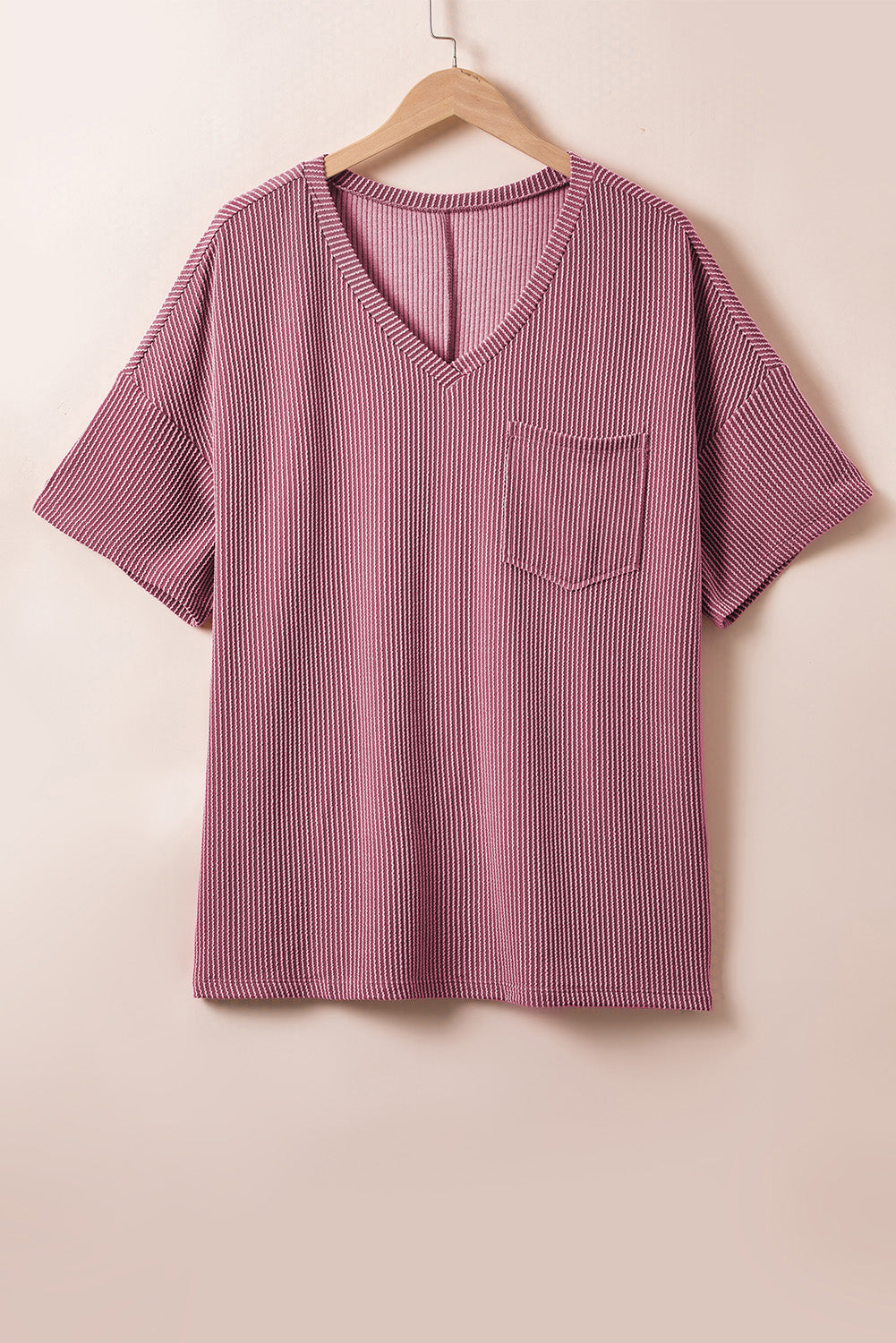 Rose Pink Textured V-Neck Dropped Shoulder Plus T-Shirt BB Fashion Outlet