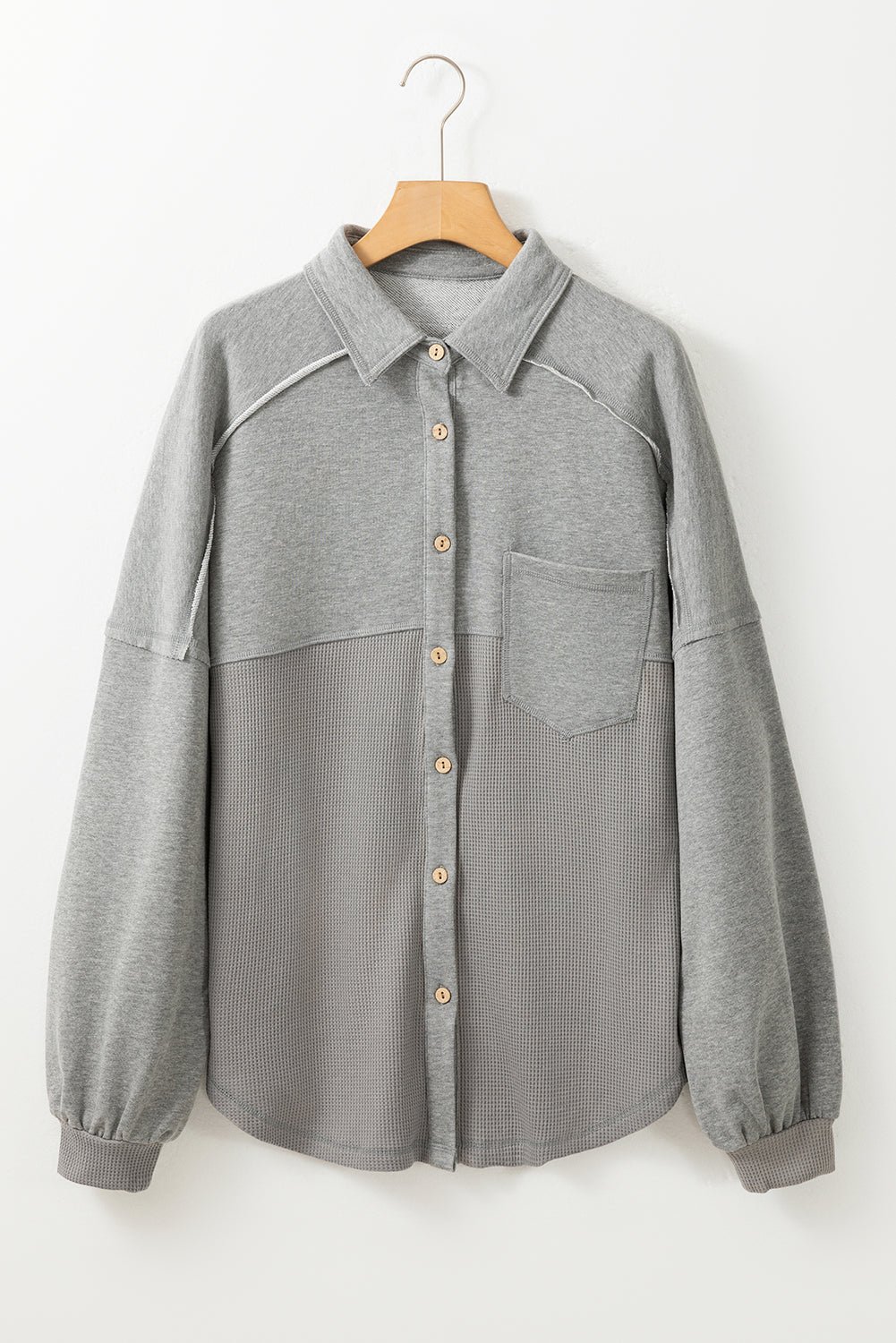Medium Grey Waffle Textured Exposed Seam Oversized Shacket - eAura