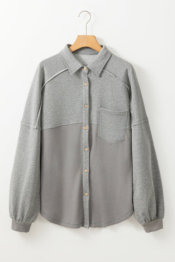 Medium Grey Waffle Textured Exposed Seam Oversized Shacket - eAura