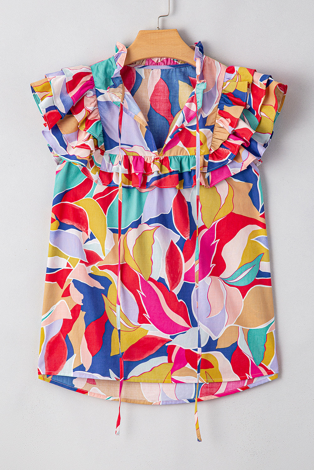 Pink Abstract Printed Ruffled Flutter Sleeve Tied Split V Neck Blouse eAura