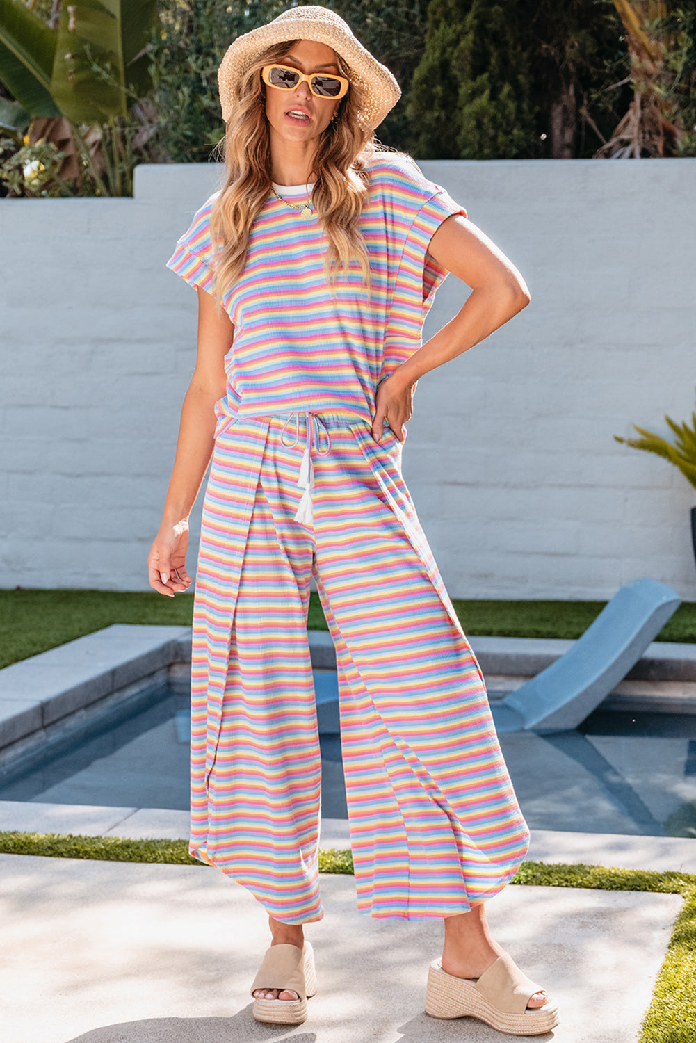 Pink Stripe Rainbow Tee Tasseled String Wide Leg Trousers Co-ord eAura