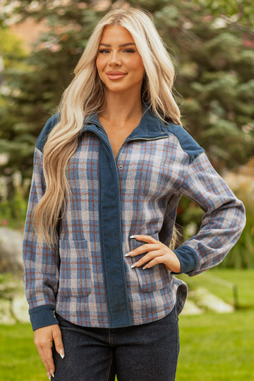 Plaid Soft Corduroy Patchwork Collared Zip-Up Snap Button Jacket - eAura