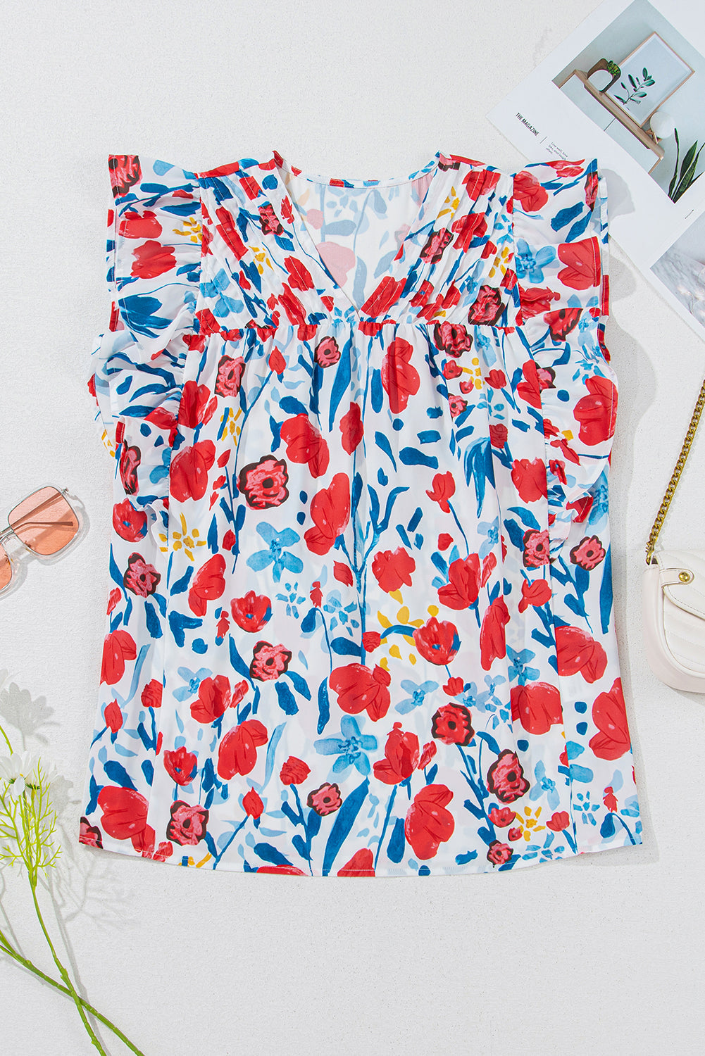 Red Flowers Pintuck Detail V-Neck Ruffled Sleeve Top eAura