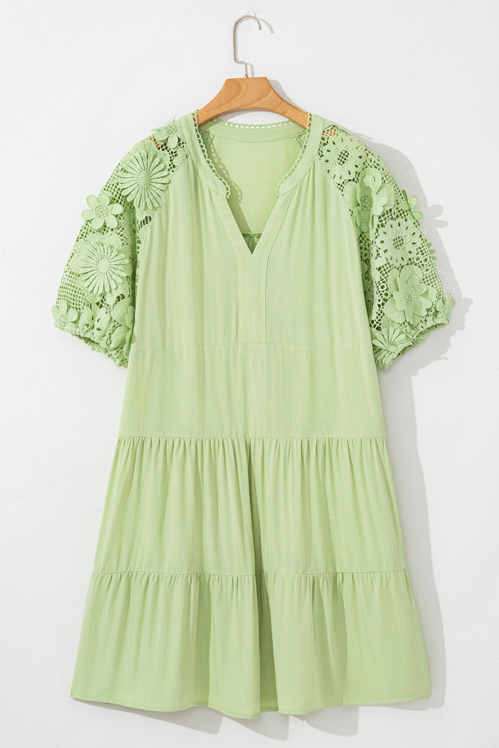 Laurel Green Floral Crochet Short Sleeve Notch V Neck Tiered Plus Size Mini Dress BB Fashion Outlet