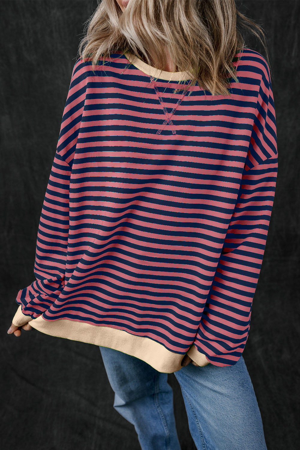 Sky Blue Stripe Oversized Contrast Trim Pullover Sweatshirt BB Fashion Outlet