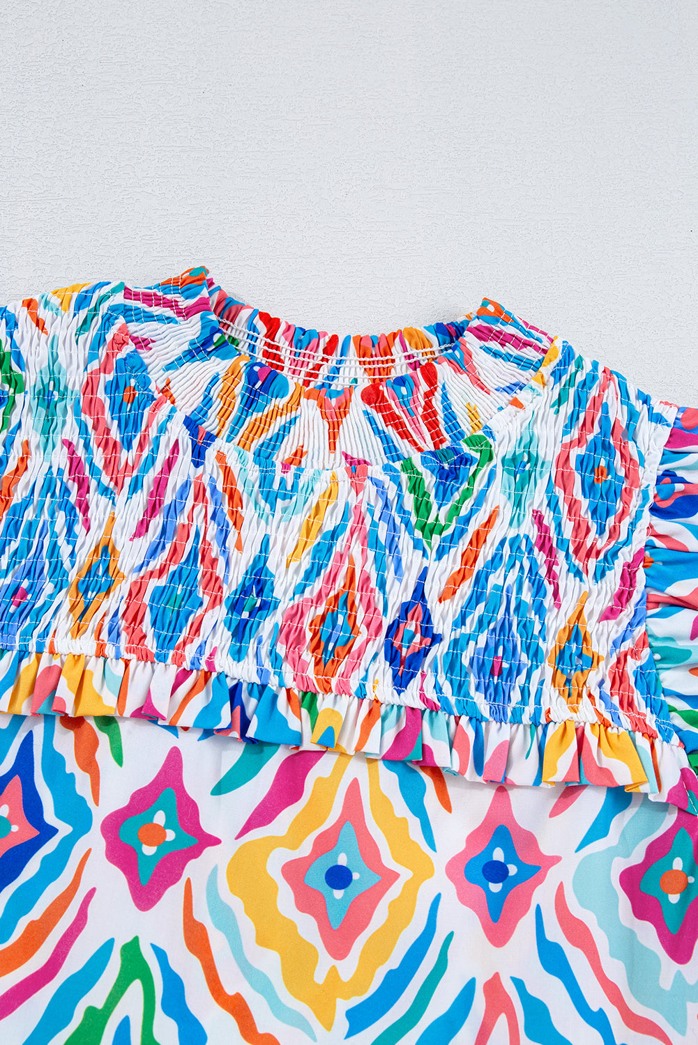 Light Blue Geometric Printed Flutter Sleeve Mock Neck Shirred Blouse eAura