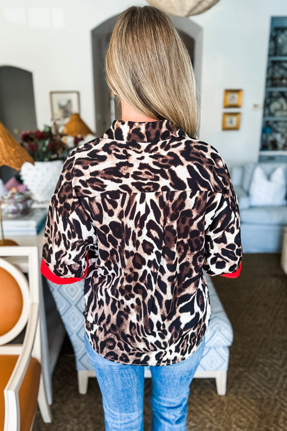 Dark Brown Contrast Trim Patchwork Leopard Print Half Sleeve Shirt eAura