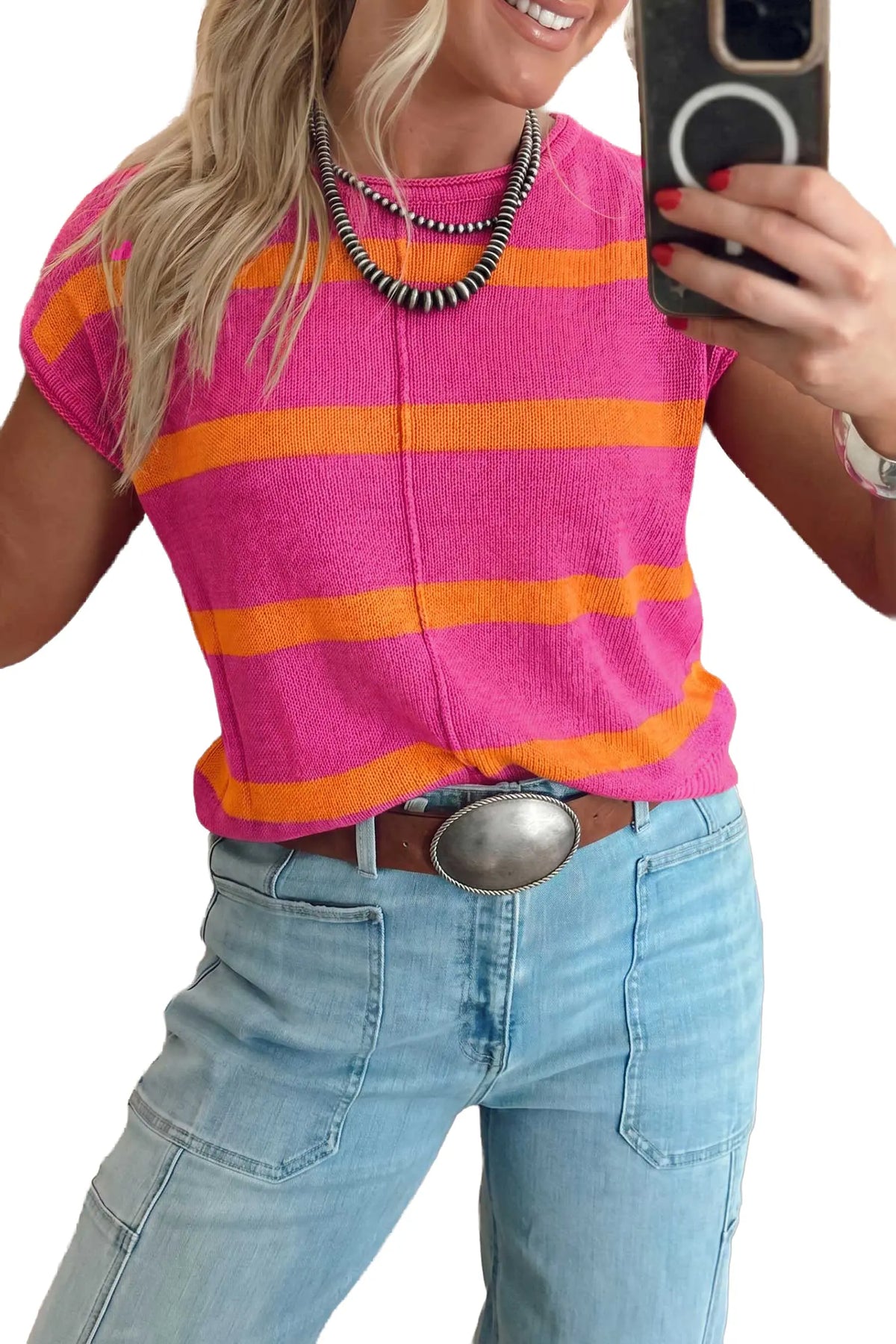Knit Western Short Sleeve Sweater – Brown Stripe