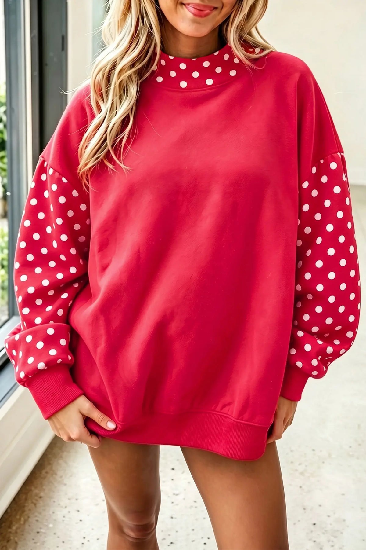 Baggy Sweatshirt Polka Dot Contrast Long Sleeve