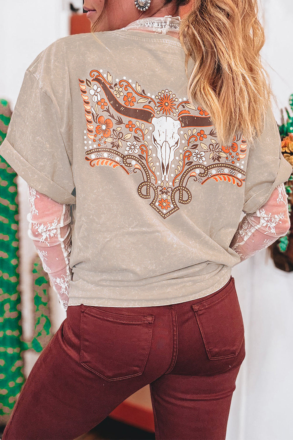Smoke Grey Mineral Wash Floral Steer Head Printed Back Western Fashion Tee eAura