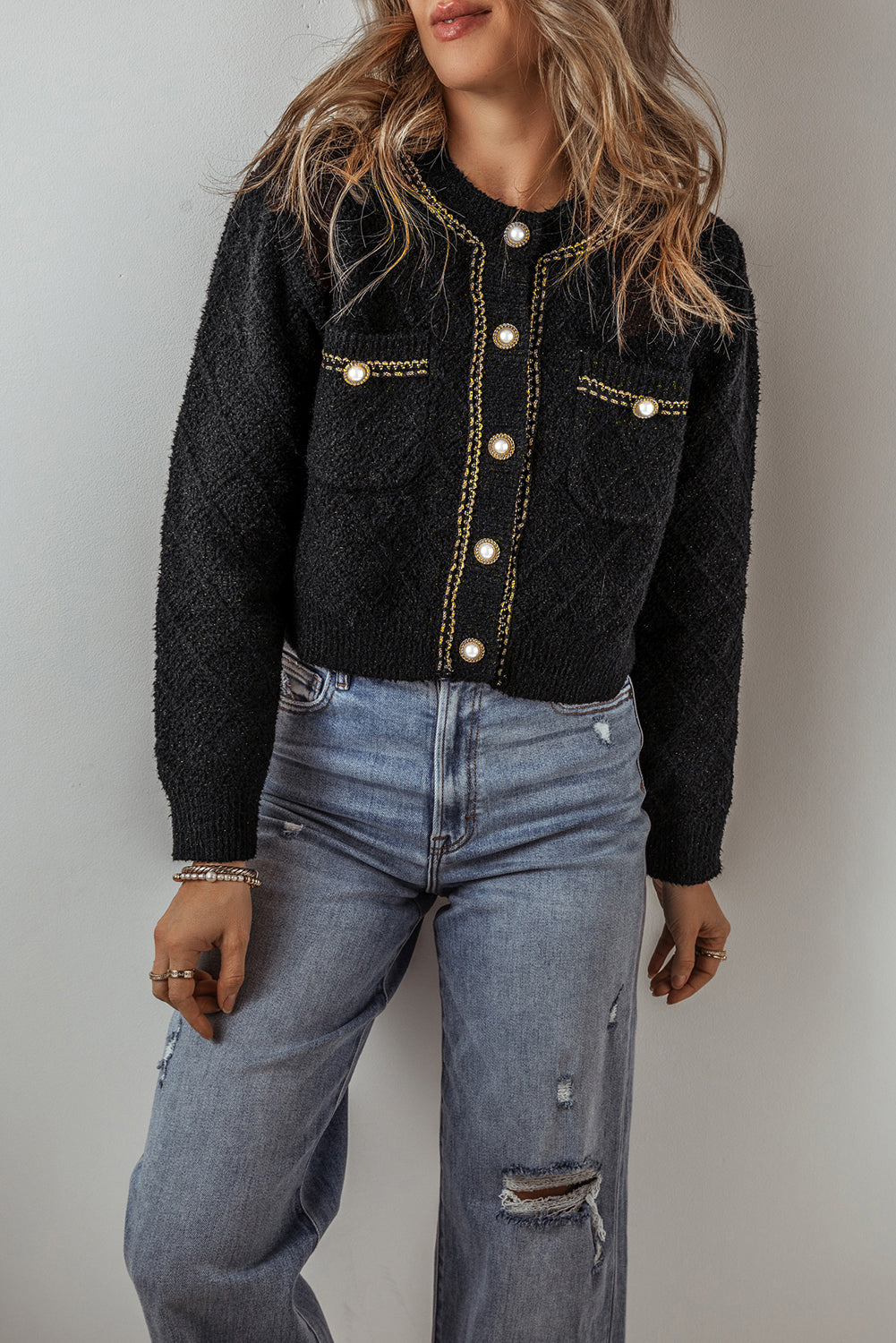 Black Shimmer Flap Pocket Button up Cardigan eAura
