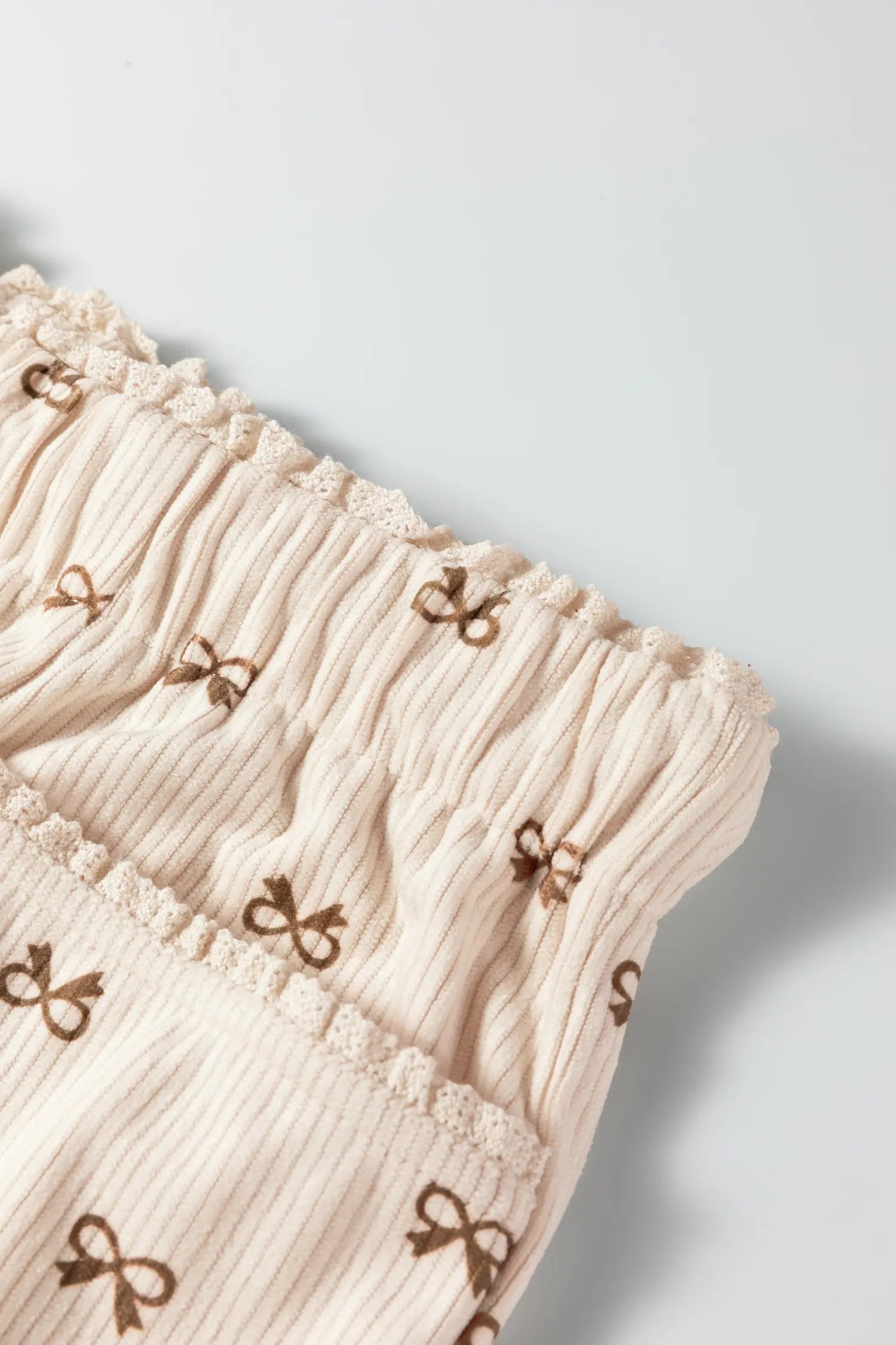 Apricot Bow Print Drawstring Elastic Waist Loose Corduroy Pants