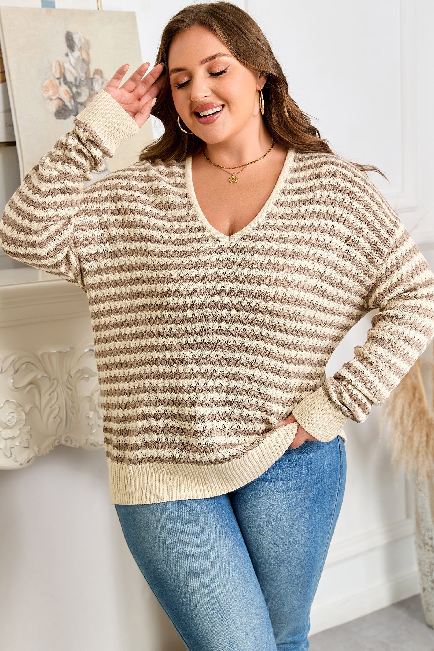 Stripe Plus Size V-Neck Drop Shoulder Sweater - eAura