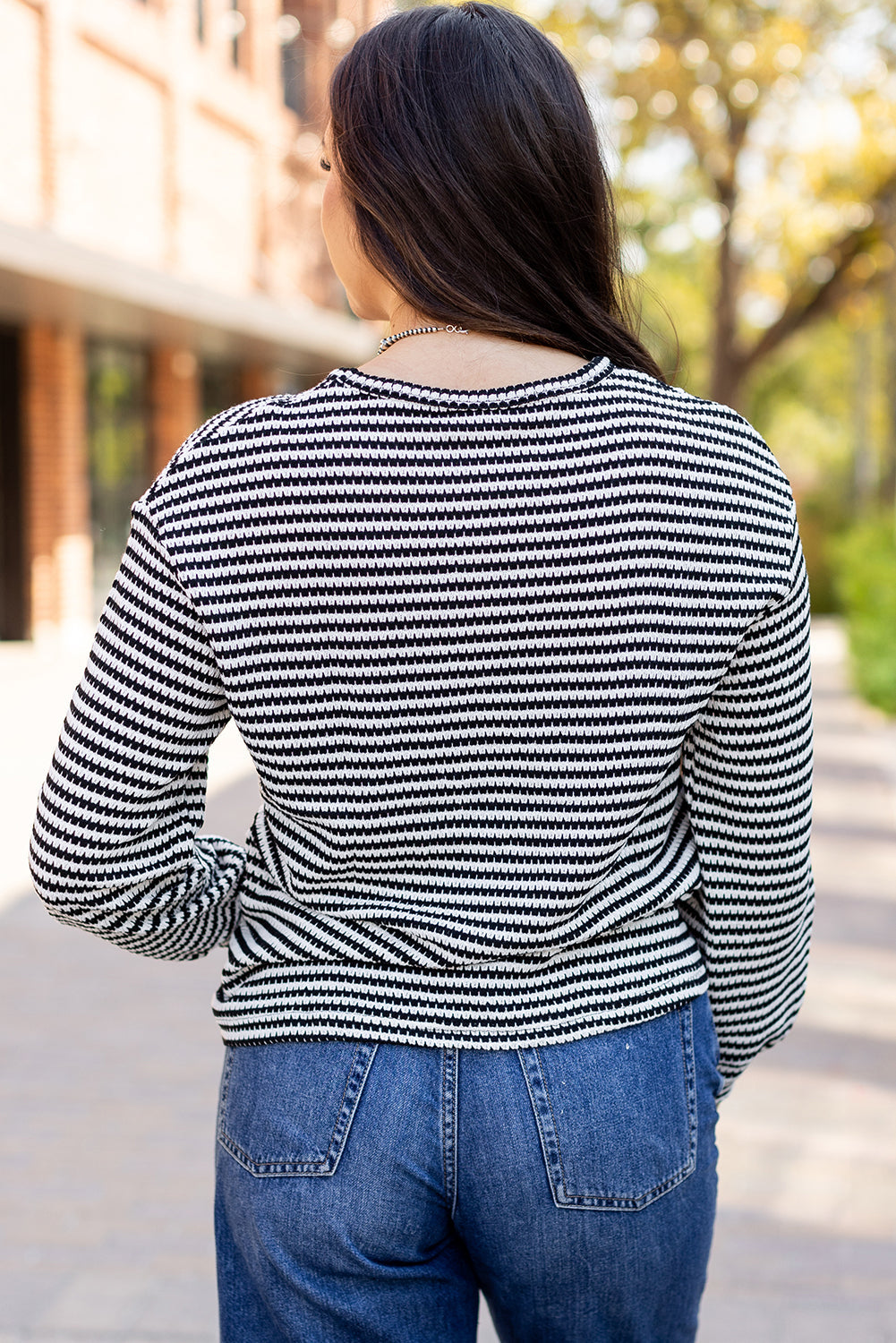 Rose Stripe Round Neck Drop Shoulder Long Sleeve Top Beagle Boutique Fashion Outlet