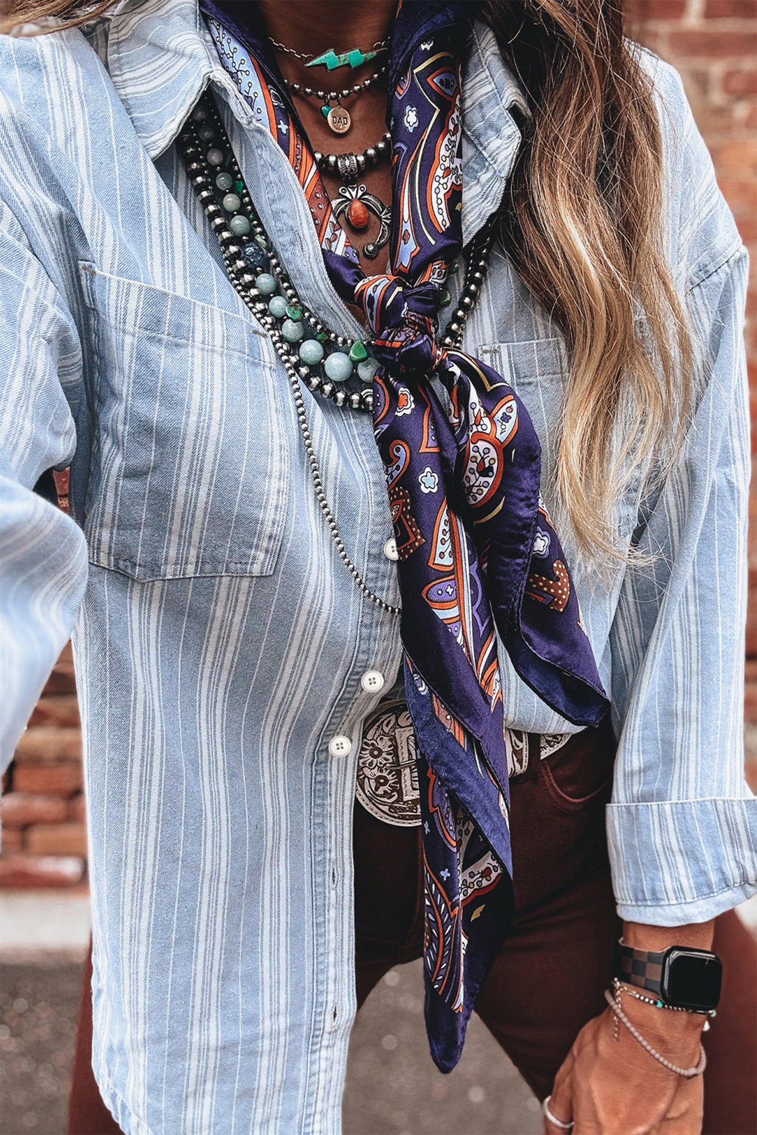 Blue Striped Boyfriend Chest Pocket Classic Denim Shirt - Tops/Blouses & Shirts