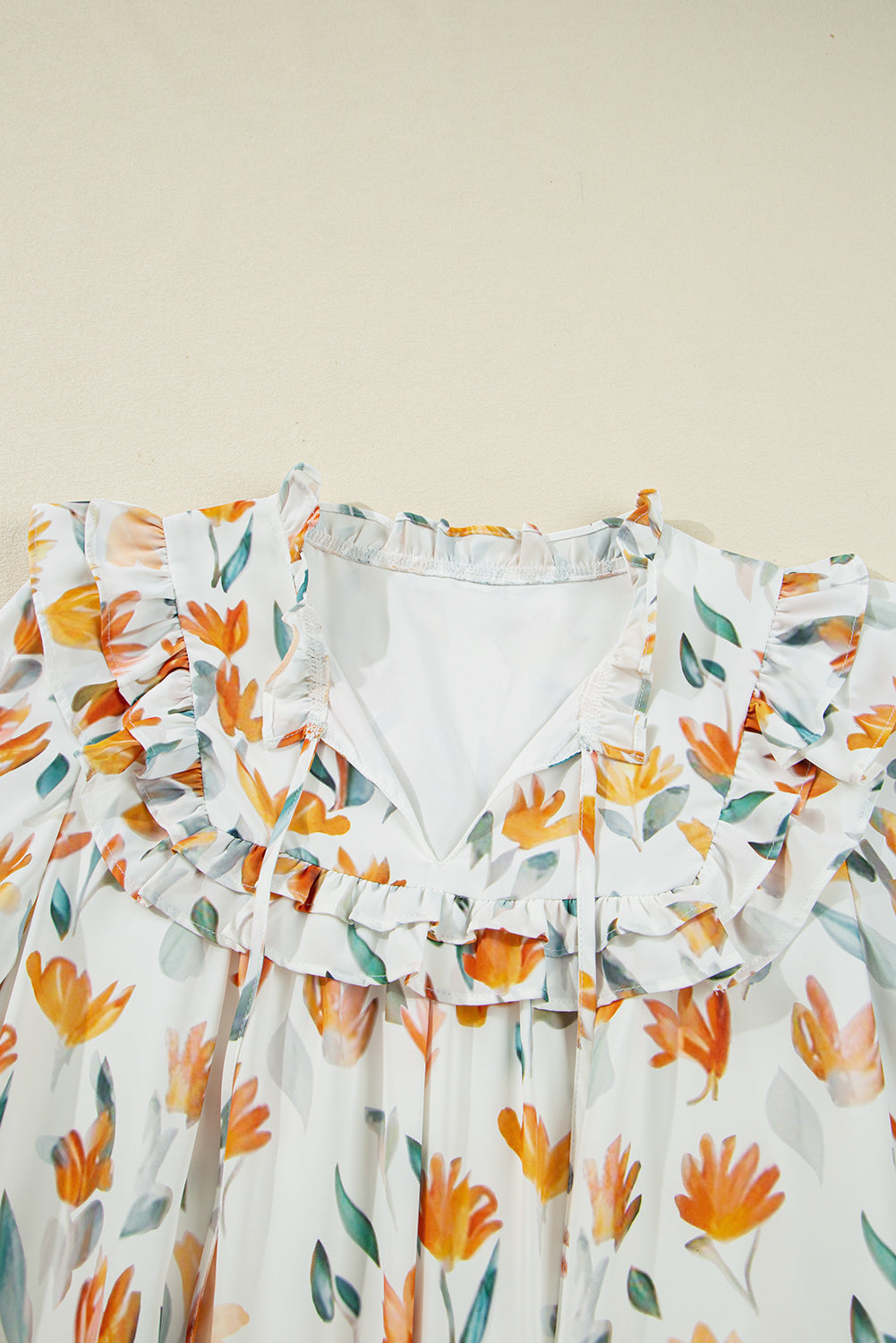 Yellow Floral Print Tie Neck Frilled Detail Long Sleeve Mini Dress eAura
