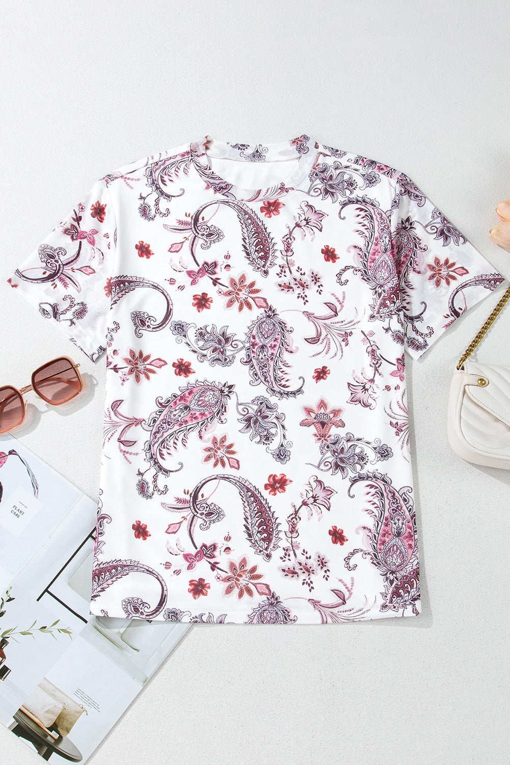 White Vintage Paisley Mock Neck T Shirt eAura