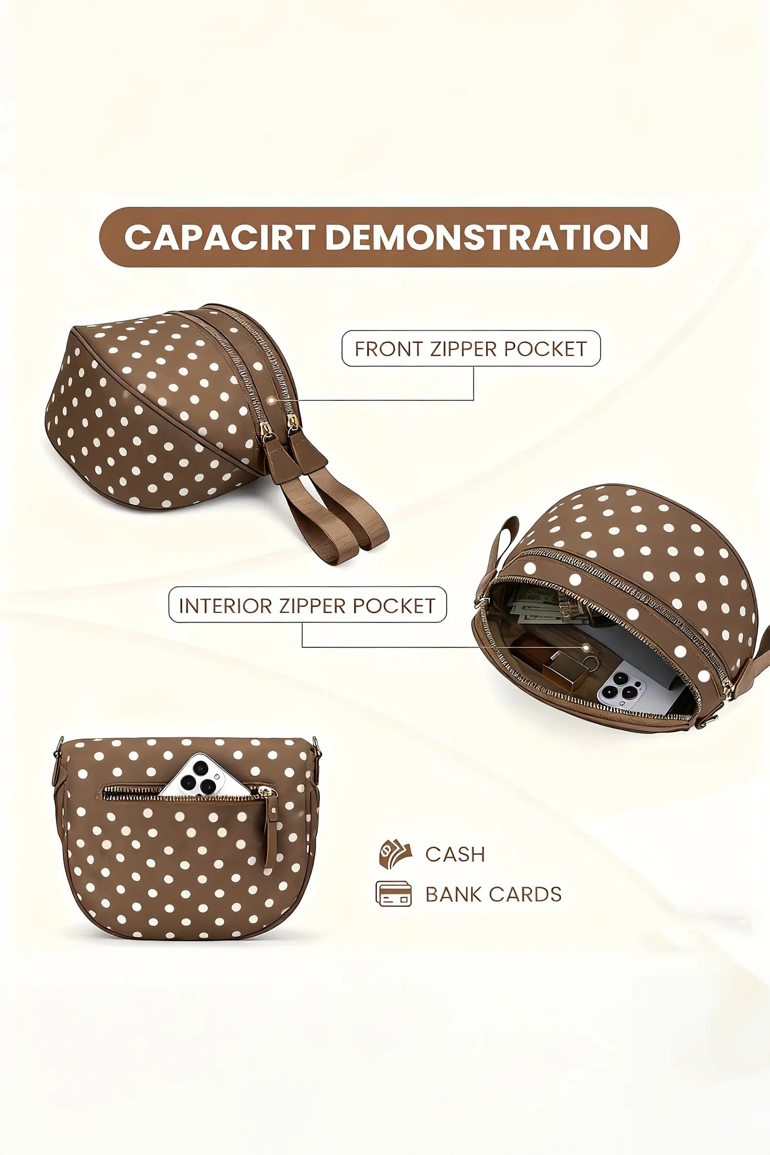 Camel Polka Dot Print Double Zip Fashion Crossbody Bag