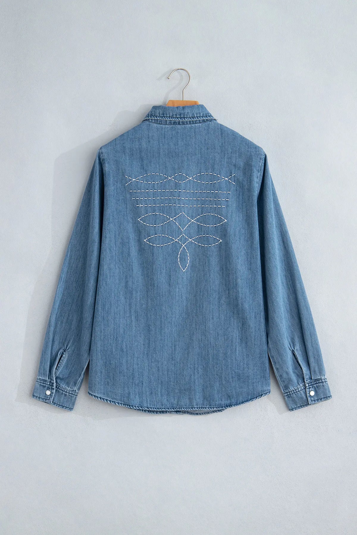 Embroidered Western Detail Long Sleeve Collar Shirt – Blue