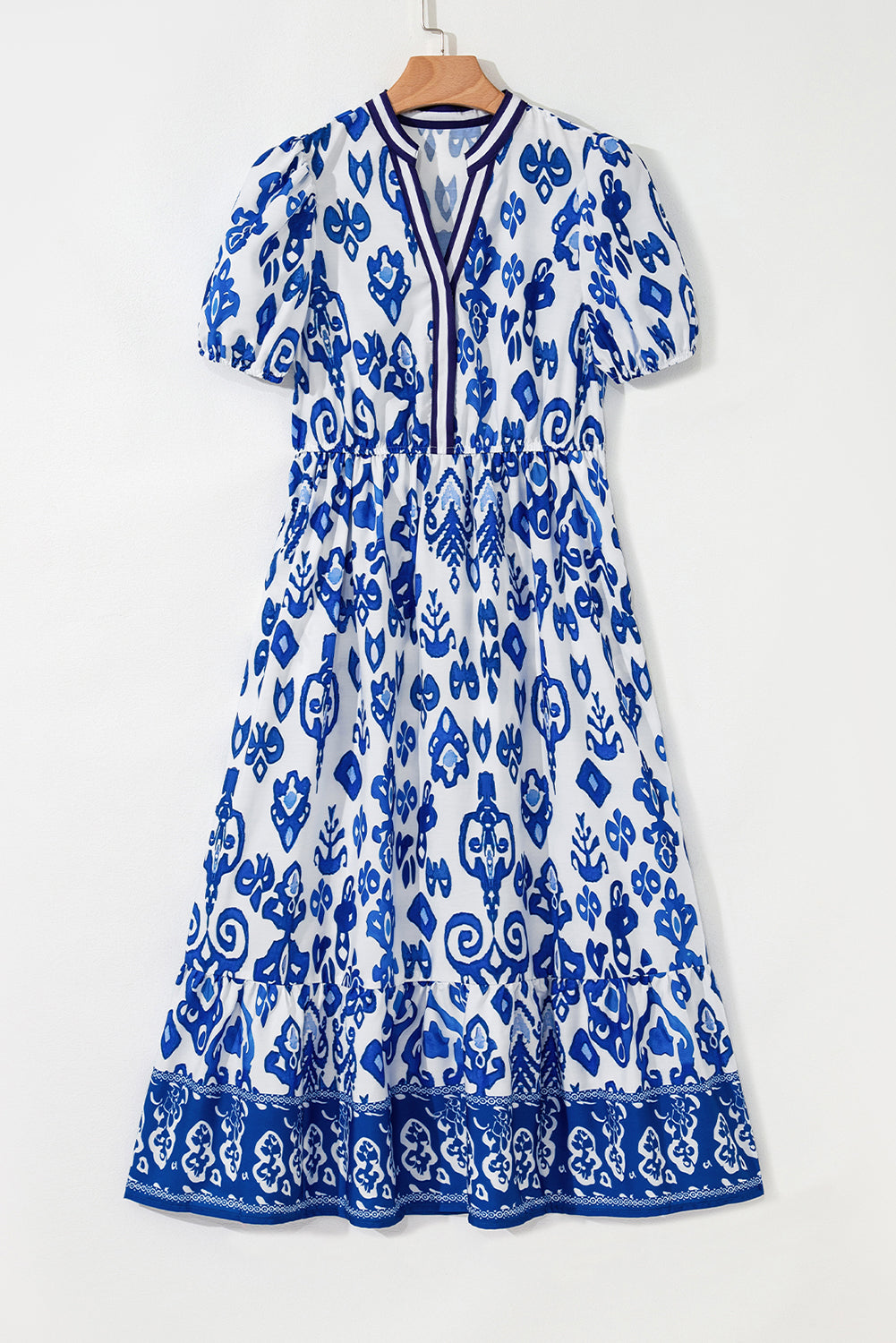 Blue Floral Puff Short Sleeve V Neck High Waist Maxi Dress eAura