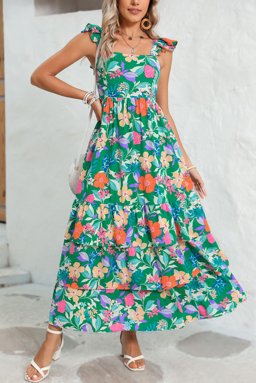 Floral Print Ruffle Sleeveless Tiered Maxi Dress