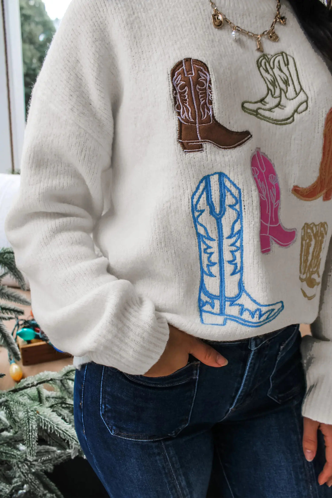 Western Boots Embroidered Graphic Drop Shoulder Pullover Sweater