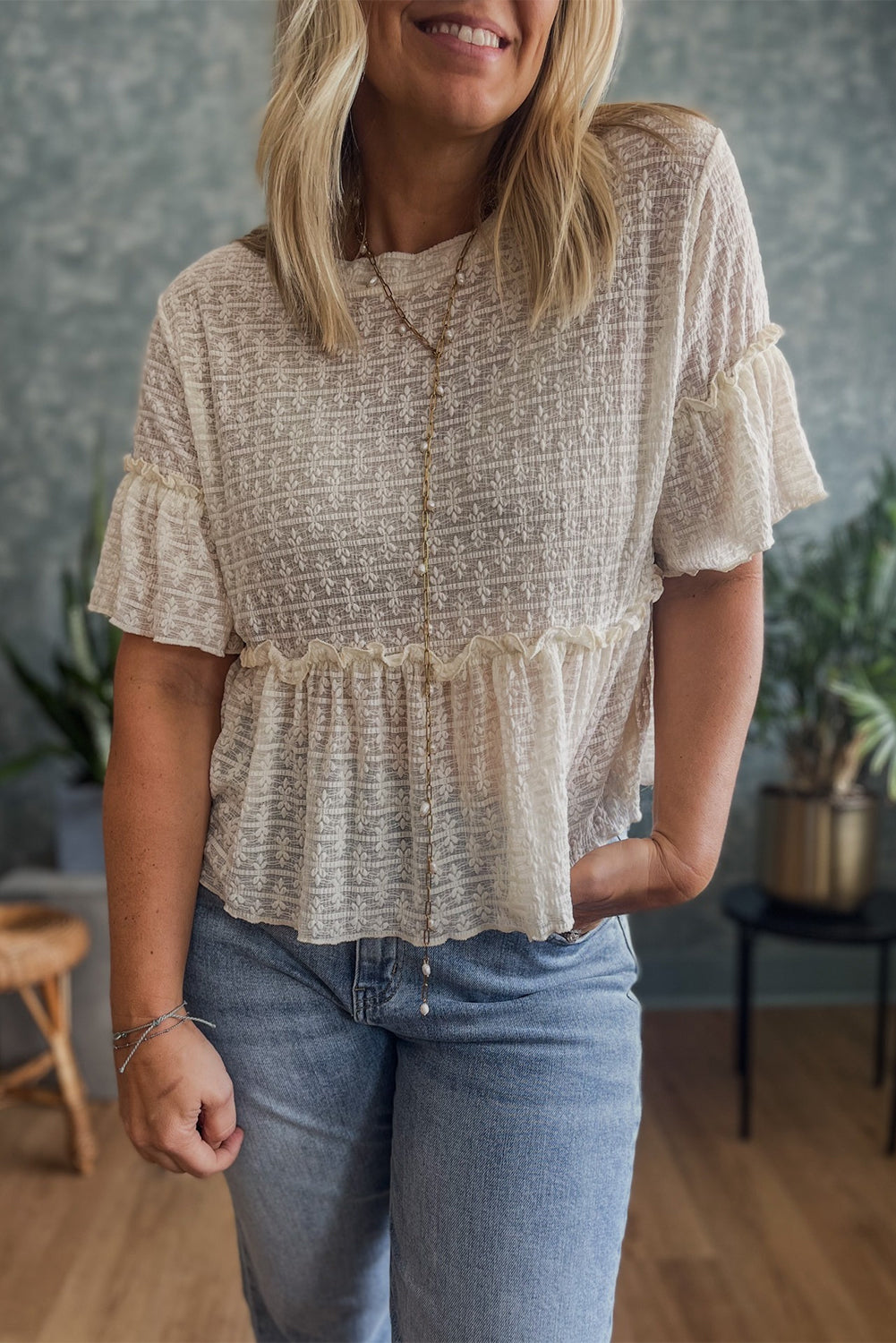 Beige Solid Colour Textured Ruffled Short Sleeve Blouse eAura