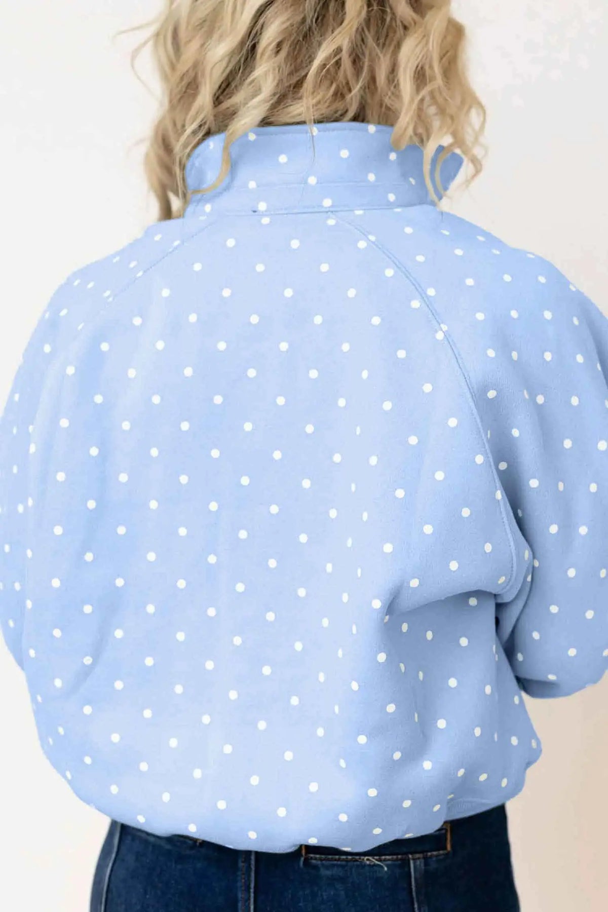 Sky Blue Polka Dot V Neck Metal Button Long Sleeve Shift Plus Size Sweatshirt – Light Blue