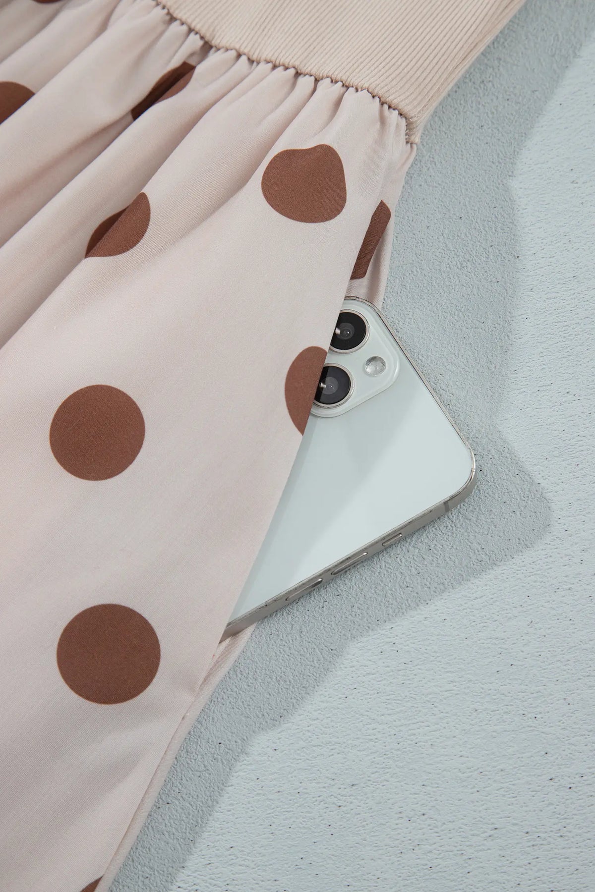 Polka Dot Midi Long Sleeve Dress – Beige