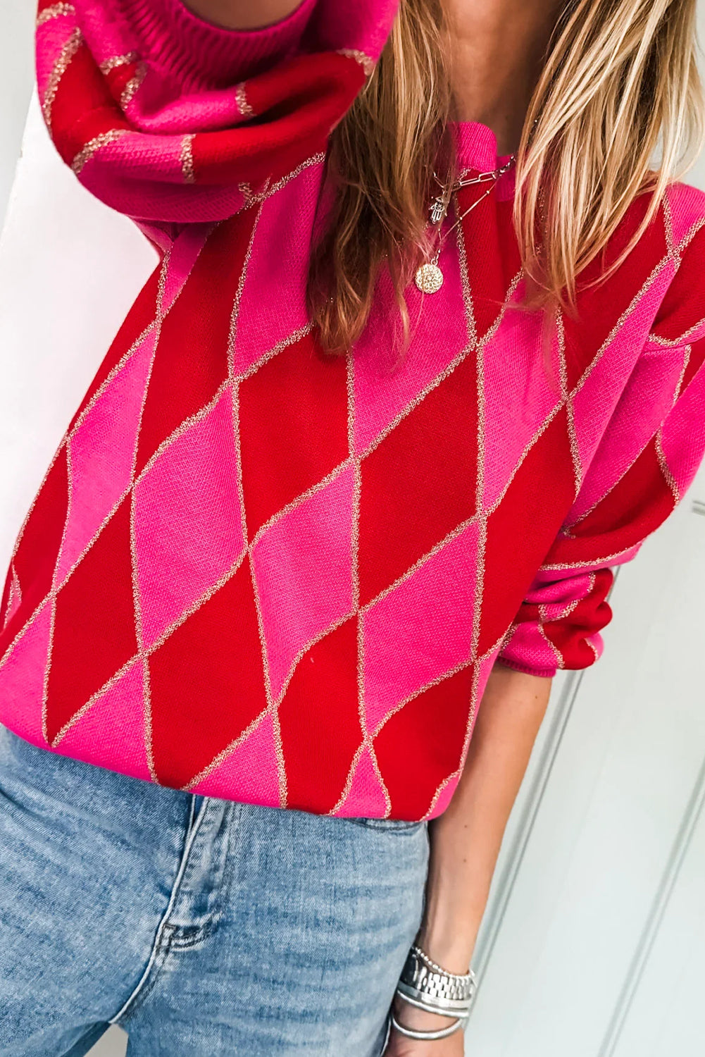 Glitter Rhombus Pattern Knit Casual Sweater - eAura
