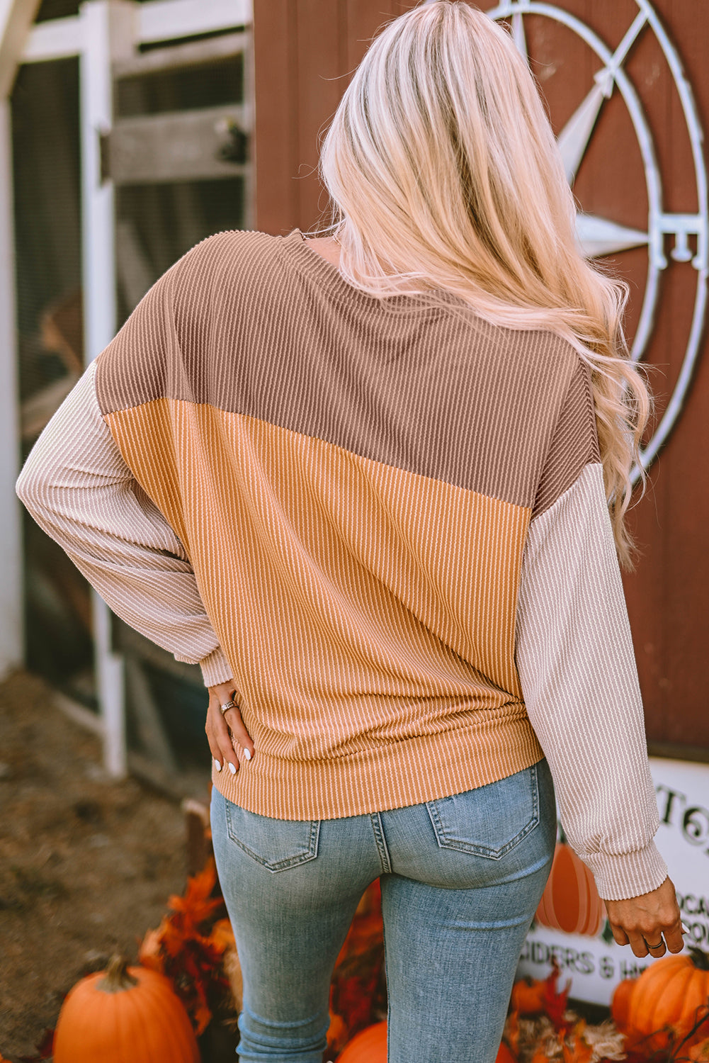 Khaki Colour Block Long Sleeve Ribbed Loose Top eAura