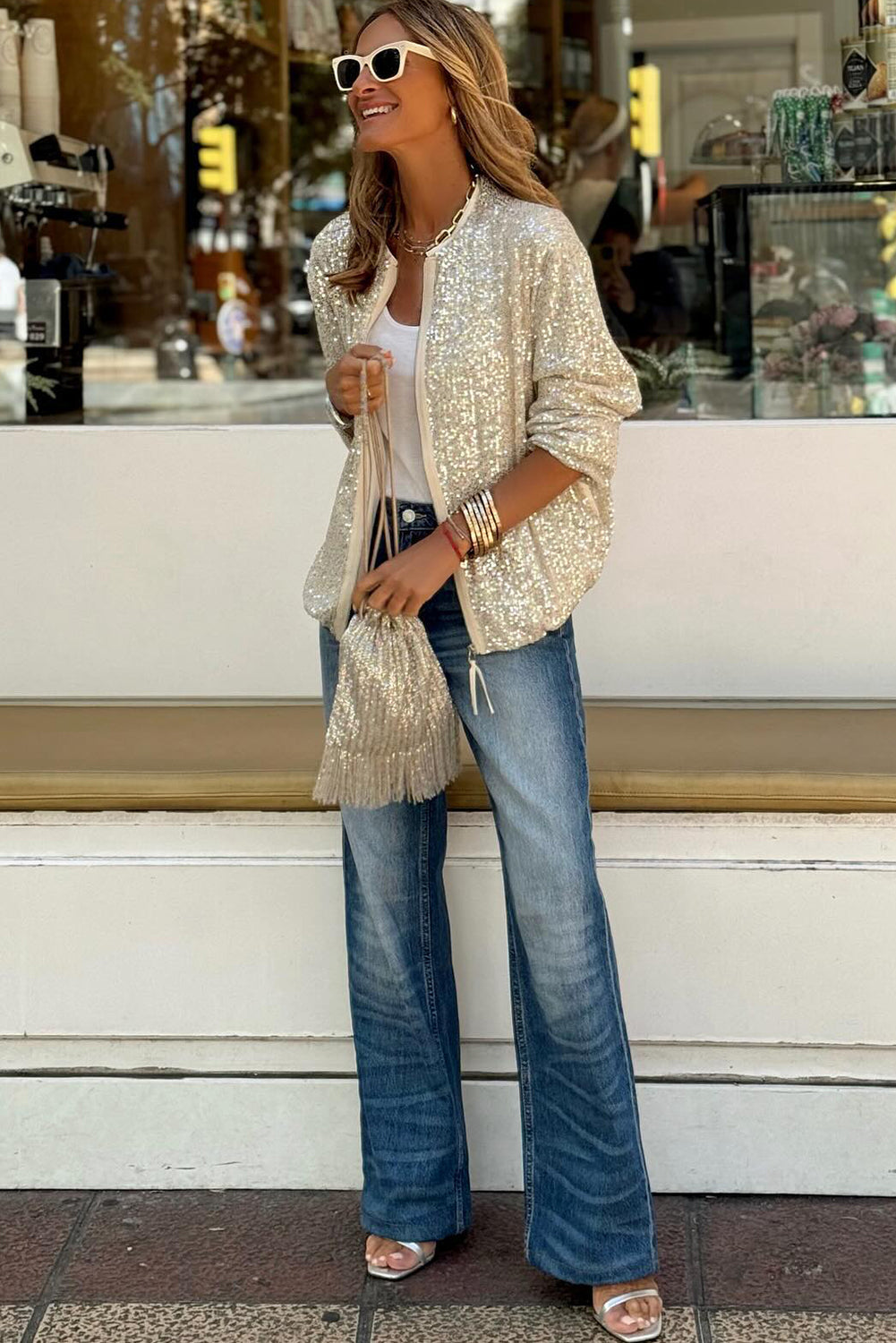 Apricot Sequin Zip up Round Neck Long Sleeve Jacket eAura