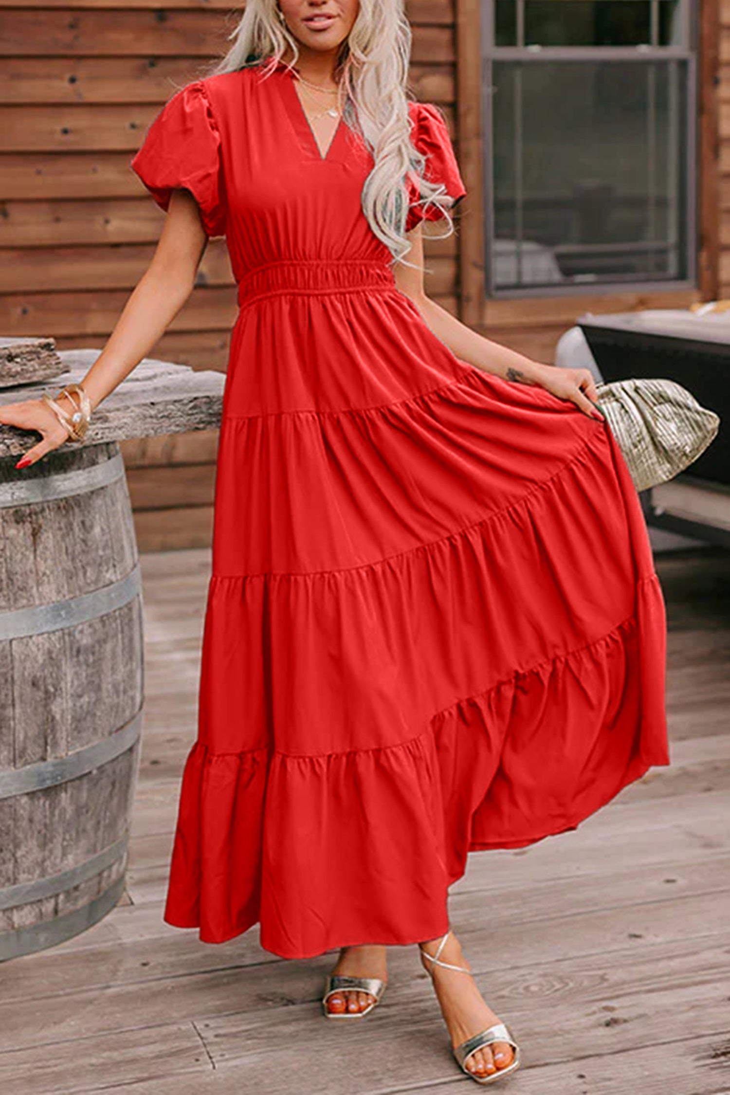 V-Neck Short Puff Sleeve Tiered Maxi Dress