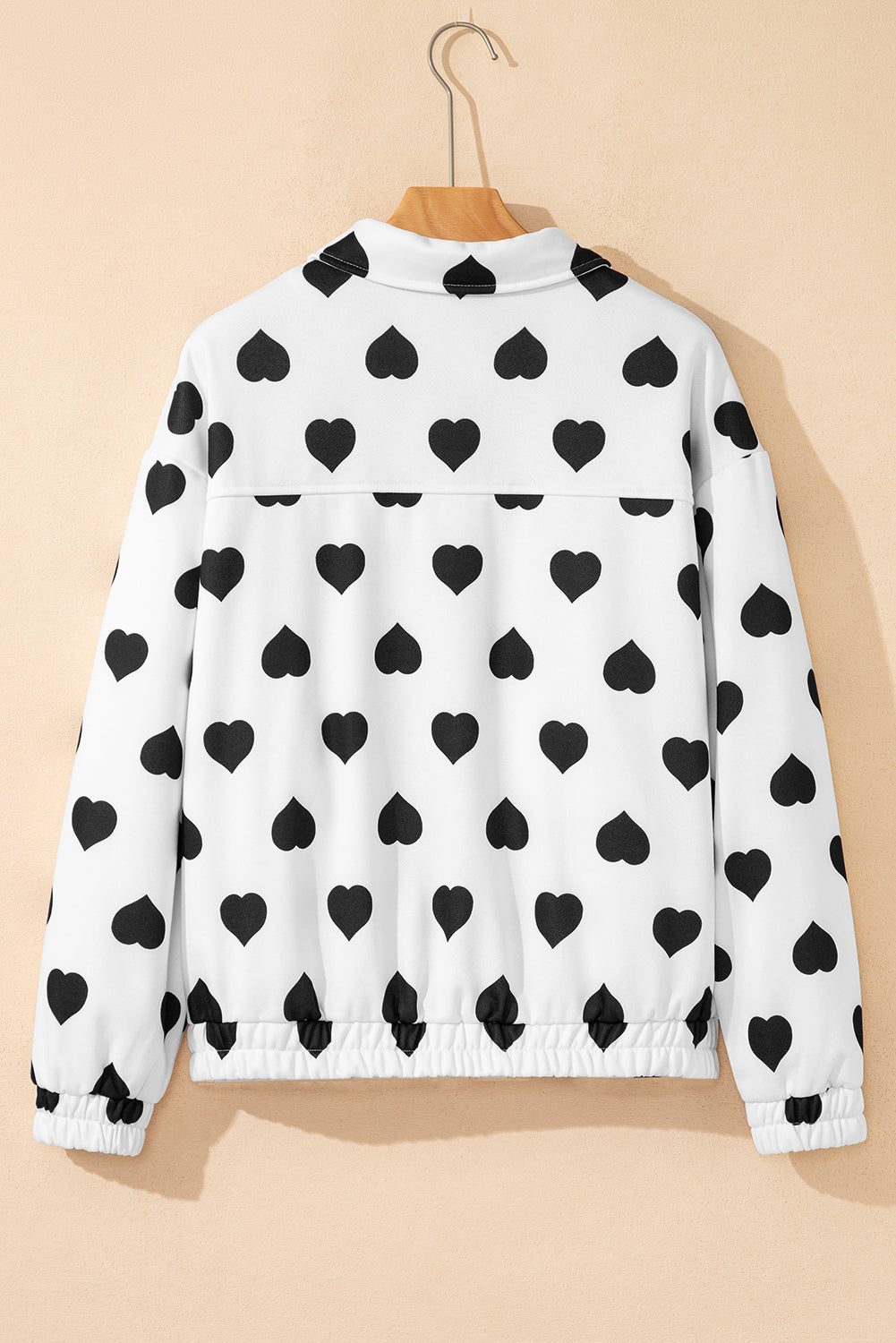 White Double Flap Pocket Heart Print Collar Zip Jacket - eAura