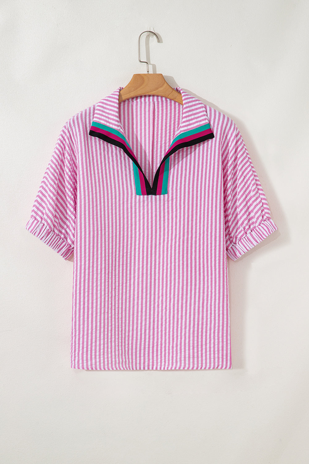 Striped Print Contrast Split Neck Dolman Sleeve Blouse eAura
