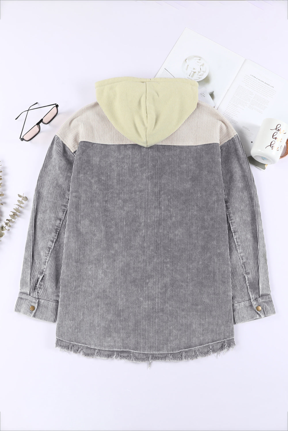 Gray Color Block Button Down Hooded Corduroy Jacket – Gray-2
