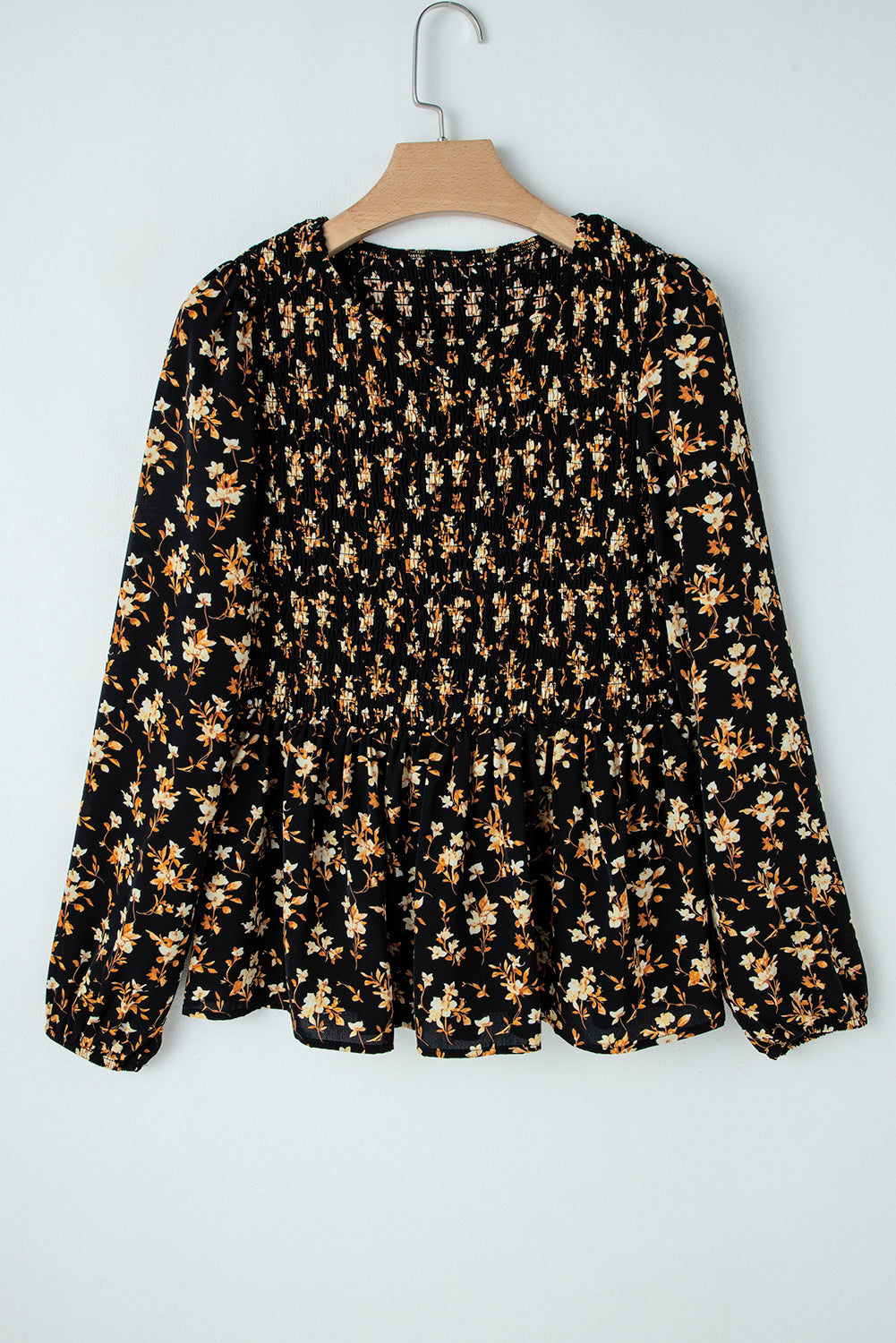 Boho Floral Smocked Bust Ruffled Peplum Blouse